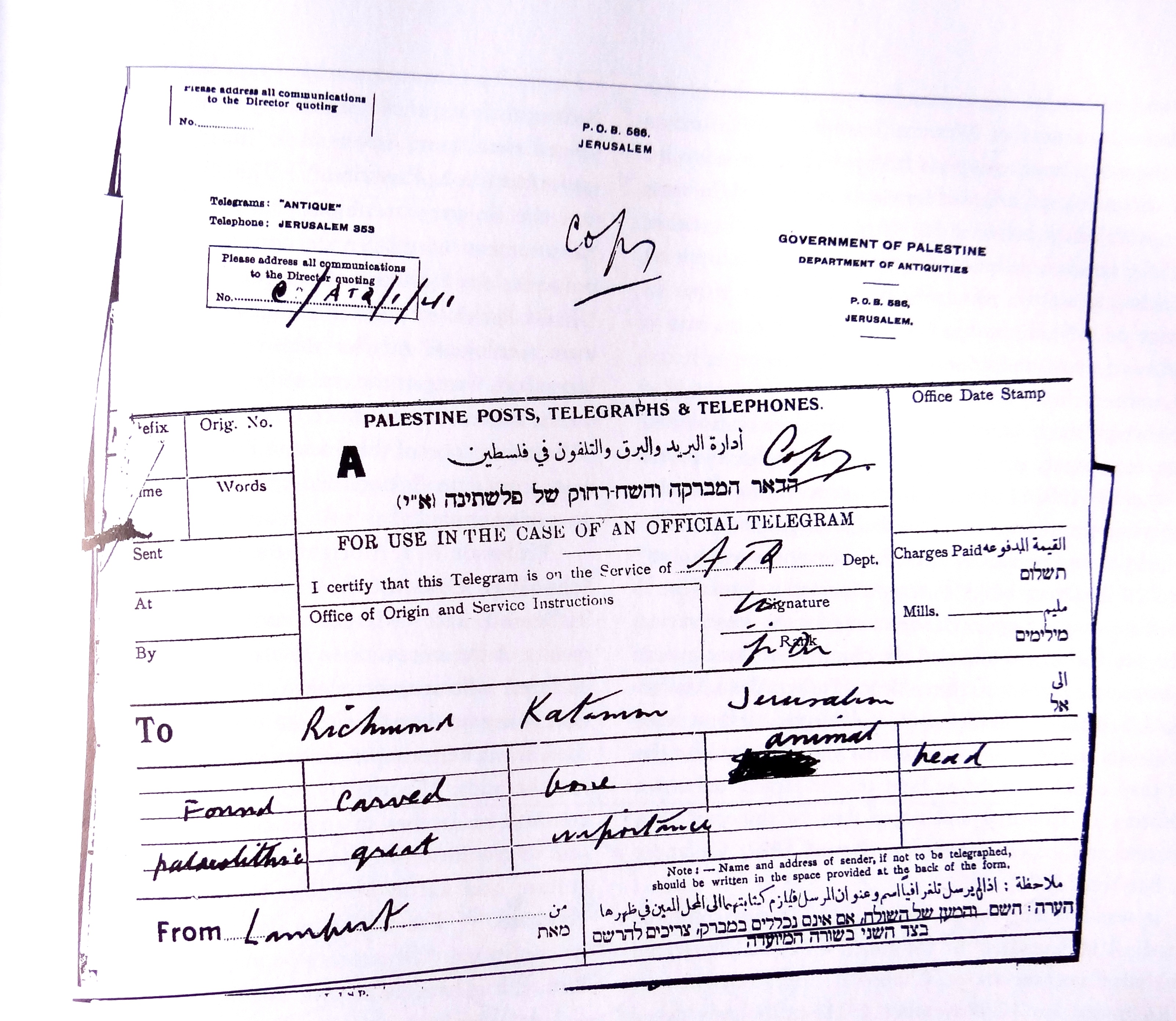 FileTelegram_of_Charles_Lambert_that_announed_the_discovery_of_a_first_prehistoric_art_object_in_Cave_of_Nahal_Mearot.jpg